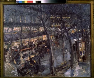 Paris, Café de la Paix no 9º arrondissement. (Paris, Café de la Paix). Vista de um terraço de café parisiense, entretenimento noturno. Pintura de Konstantin Alexeyevich Korovin (Constantin Korovin) (1861-1939), óleo sobre tela