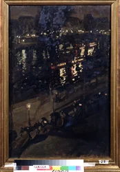 Paris à noite. Vista dos cais do Sena, com uma carruagem puxada por cavalos, e as luzes da cidade reflectidas na superfície da água. Pintura de Konstantin Alexeyevich Korovin (Constantin Korovine) (1861-1939), óleo sobre tela, arte russa