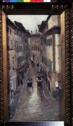 Chuva em Florença. Descrição de uma rua no centro medieval da cidade da Toscana (Itália). Pintura de Konstantin Alexeyevich Korovin (Constantin Korovine) (1861-1939), óleo sobre tela