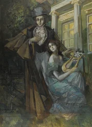 "Retrato de Alexander Pushkin (1799-1837) e sua Musa" (Pushkin e a Musa) Pintura de Konstantin Korovin (Constantin Korovine) (1861-1939) 1930 - Óleo sobre tela - Tamanho 235,5x171 cm Coleção Privada