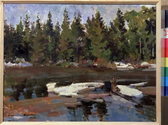 Primavera (primavera). Paisagem, margens de um rio na floresta. Pintura de Konstantin Alexeyevich Korovin (Constantin Korovin) (1861-1939), óleo sobre tela