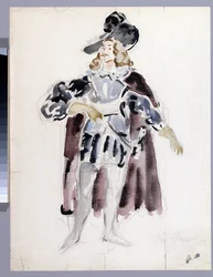 Projet de costume para a ópera "Le convive de pierre" de Alexandre Dargomyjski (1813-1869) (Desenho de figurino para a ópera O Convidado de Pedra de A. Dargomyzhsky). Oeuvre de Konstantin Alexeyevich Korovin (Constantin Korovine) (1861-1939), aquarelle sur