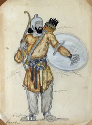 Desenho de figurino para o Príncipe Igor da ópera de Alexander Borodin (1833-1887). Trabalho de Konstantin Alexeyevich Korovin (Constantin Korovine) (1861-1939), aguarela e guache sobre papel