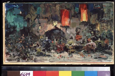 Desenho de palco para o ballet Don Quijote de Leon (ou Ludwig) Minkus (1826-1917). Trabalho de Konstantin Alexeyevich Korovin (Constantin Korovine) (1861-1939), aguarela e guache no cartão