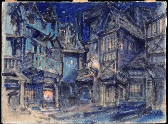 Projet de decor pour le ballet Esmeralda de Anton Simon (1851-1916) (Projecto de palco para o ballet Esmaralda de A.Simon). Oeuvre de Konstantin Alexeyevich Korovin (Constantin Korovine) (1861-1939), tempera sur carton