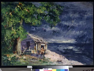 Projeto de design para o balé Le Poisson Dore de Ludwig (Leon) Minkus (cenário para o balé The Golden Fish de Ludwig Minkus) - Uma cabana de madeira à beira-mar - Obra de Konstantin Alexeyevich Korovin (Constantin Korovine) (1861) -1939) , têmpora