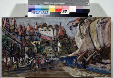 Cenário da Ópera Sadko de Nicolas (Nikolai) Rimsky Korsakov (Rimsky-Korsakov) (1844-1908) (Cenário da Ópera Sadko de N. Rimsky Korsakov (Rimsky-Korsakov). Descrição de uma cidade e edifícios de madeira construídos sobre um cais onde estou