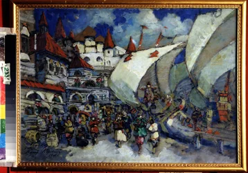 Projecto de palco para a Ópera Sadko de N. Rimsky Korsakov (Rimsky-Korsakov) (1844-1908). Descrição de uma cidade e edifícios de madeira construídos sobre um cais animado ou