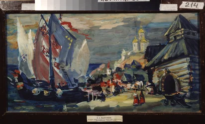 Projecto de palco para a ópera Sadko de N. Rimsky-Korsakov (Rimsky Korsakov) (1844-1908). Um grande veleiro no cais de uma cidade com edifícios de madeira. Na parte de trás do navio está um