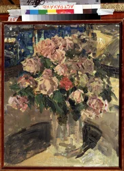 Rosas (Rosas). Natureza morta, buquê de flores. Pintura de Konstantin Alexeyevich Korovin (Constantin Korovin) (1861-1939), óleo sobre tela 1910. Arte russa, moderna, início do século XX. Galeria de Arte do Estado B. Kustodiev, Astrakhan (Rússia).