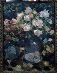 Rosas num Jarro Azul. Pintura de Konstantin Alexeyevich Korovin (Constantin Korovine) (1861-1939), óleo sobre tela