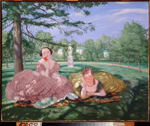 Duas Senhoras num Parque - Pintura de Konstantin (Constantin) Andreyevich Somov (1869-1939), óleo sobre tela