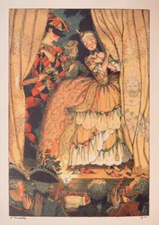 Ilustração para ""Le Livre de la Marquise"" de Franz Blei (Ilustração para o Livro da Marquesa de Franz Blei) (uma marquesa levanta uma cortina de palco de teatro, com Arlequim ao seu lado) - Obra de Konstantin (Constantin) Andreyevich Somov ( 1869-19