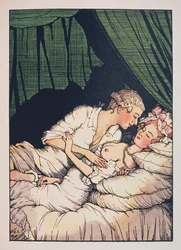 Ilustração para «O Livro da Marquesa» de Franz Blei (uma marquesa, de seios nus, deitada na sua cama com o amante) - obra de Konstantin Andreyevich Somov (1869-1939), água-forte