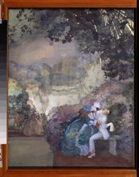 Pierrot e uma mulher (Flirting at a masked ball). Trabalho de Konstantin (Constantin) Andreyevich Somov (1869-1939), guache sobre papel