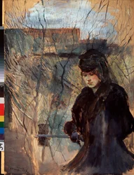 Primavera. Uma mulher vestida de preto, de ar melancólico e olhar baixo, apoiada numa estreita grade. Obra de Konstantin Andreyevich Somov (1869-1939)