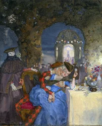 "Rendezvous" Um casal a brincar numa festa de Verão, sob o olhar de figuras mascaradas Pintura de Konstantin Somov (1869-1939) - cerca de 1918 - Óleo sobre tela Dim 27x22 cm Colecção Privada