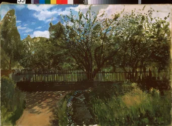 Um pequeno jardim. Pintura de Konstantin (Constantin) Andreyevich Somov (1869-1939), óleo sobre tela