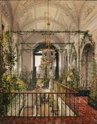 Interiores do Palácio de inverno. O pequeno jardim de inverno nos apartamentos de Alexandra Fyodorovna, na década de 1870