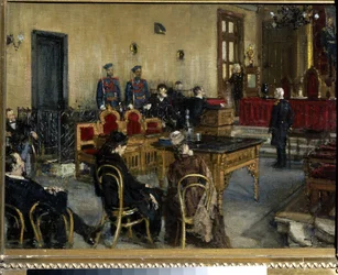 Esperando por um veredicto. Pintura de Konstantin Apollonovich Savitsky (1844-1905), óleo sobre tela