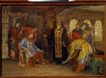 O convite do príncipe Dmitry Pozharsky (1577-1642) para comandar os exércitos para a libertação de Moscou. (O convite do príncipe Pozharsky para governar exércitos para a libertação de Moscou). Depois de receber a bênção de Irenarco de Rostov, o príncipe