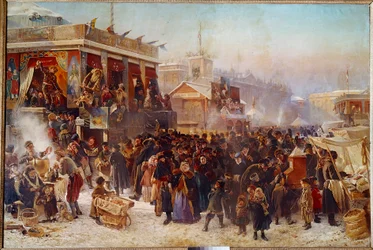 Baladas na Praça Admiraut, em St. Petersburg Street Theatre Show. Pintura de Constantine Makovsky (Makovsky) (1839-1915) (ec.rus.) 1869 Moscou, Galeria Tretyakov