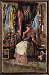 Boutique de curiosidades (Curiosity Shop). Pintura de Konstantin Yegorovich Makovsky (Constantin Makovski) (1839-1915), huile sur toile. Art russe 19e século. Museu de Arte M.Tuganov da Ossétia do Norte, Vladikavkaz (Vladicaucaze) (Rússia).
