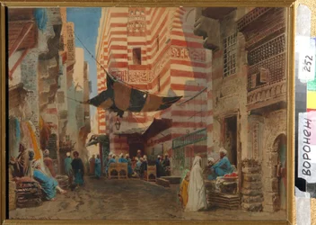 Nas ruas do Cairo (Egipto). Trabalho de Konstantin Yegorovich Makovsky (Constantin Makovski) (1839-1915), trabalho sobre papel