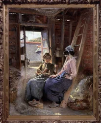 Dois Bretões (Dois Bretões). Esposas de pescadores, em trajes típicos, relaxam e conversam num sótão onde se guardam redes e cestos de pesca, com a janela escancarada a deixar entrar um raio de sol. Pintura de Konstantin Y