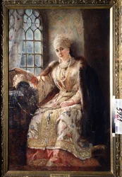 A Esposa de Boyar à Janela. A mão apoiada no peito, a mulher está vestida com um vestido Sarafan e tem uma kokochnik na cabeça, um penteado tradicional. Pintura de Konstantin Yegorovich Makovsky (Constantin Mako
