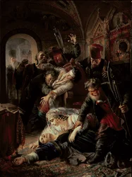 Assassinos contratados matando o filho do czar Boris Fiódorovitch Godunov