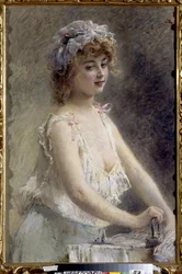 A passadeira. (Mulher passando). Jovem de cueca, vestindo um roupão e uma touca de renda, realizando uma tarefa doméstica. Pintura de Konstantin Yegorovich Makovsky (Constantin Makovsky) (1839-1915), óleo sobre tela, por volta de 1880. Arte r