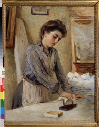 A passadeira - Mulher passando (Woman Ironing). Pintura de Konstantin Yegorovich Makovsky (Constantin Makovsky) (1839-1915), óleo sobre tela, por volta de 1900. Arte russa final do século XIX e início do século XX. Museu Estadual ao Ar Livre, Rostov Kremli