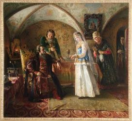 A vida cotidiana em um boiar russo (boiard, boiar) no século XVII. (Da vida cotidiana do boiardo russo no século XVII). Em um domostroy do Grão-Ducado de Moscou, uma jovem vestindo um vestido de noiva é apresentada ao marido. Ela