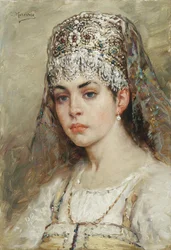 Retrato de uma mulher boyar (boiard, boiar): está vestida com um vestido Sarafan e tem uma kokochnik na cabeça, um penteado tradicional - Pintura de Konstantin Yegorovich Makovsky (Constantin Makovski) (1839-1915)
