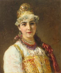 Retrato de uma mulher boyar (boiard, boiar): está vestida com um vestido Sarafan e tem uma kokochnik na cabeça, um penteado tradicional - Pintura de Konstantin Yegorovich Makovsky (Constantin Makovski) (1839-1915)