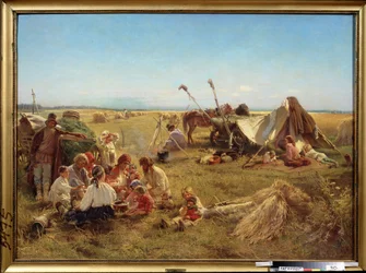 Uma refeição camponesa na altura da colheita. Pintura de Konstantin Yegorovich Makovsky (Constantin Makovski) (1839-1915), óleo sobre tela