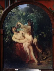 Satyr e Ninfa. Casal nu e bêbado, a ninfa no colo do sátiro alimenta-o com um cacho de uvas, colhidas nas videiras à sua volta. Pintura de Konstantin Yegorovich Makovsky (Constantin Makovski) (1839-1915), óleo