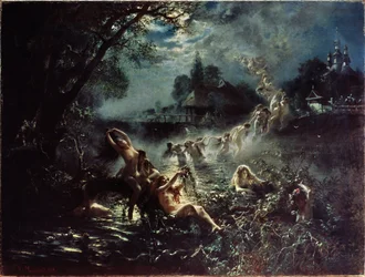 Sereias (sereias). À noite, mulheres nuas tecem guirlandas em um rio, depois formam uma corrente segurando uma na outra e subindo para o céu antes de se misturar às nuvens. Pintura Konstantin Yegorovich Makovsky (Constantin Makov