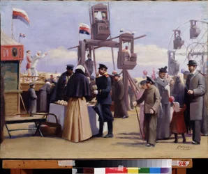 Barracas da Feira de Moscou. (Estandes da Feira de Moscou). Pintura de Konstantin Yegorovich Makovsky (Constantin Makovsky) (1839-1915), óleo sobre tela. Arte russa do século XIX. Museu de Arte Estatal da República da Chuváchia, Cheboksary (Chuváchia, Rúss