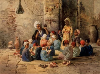 Uma escola no Cairo (Egito). (Uma escola no Cairo). Uma professora questiona meninos em uma sala de aula, que é organizada em um tapete no chão. Um menino está entre os outros, sentado lendo seu livro, o tapete é cercado por sapatos
