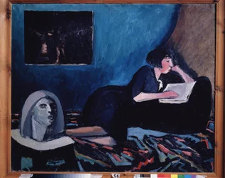 Uma mulher lendo (Uma mulher lendo). Pintura de Konstantin Nikolayevich Istomin (1887-1942), óleo sobre tela 1931 arte moderna russa, século XX. Galeria Estatal Tretyakov, Moscou.
