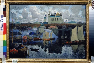 Le Pont a Novgorod (Russie) (Novgorod, Pier). Peinture de Konstantin (Constantin) Ivanovich Gorbatov (1876-1945), huile sur toile.