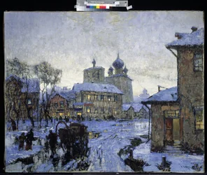 A Paisagem da Aldeia Russa "The Thaw" no fim do Inverno. Pintura de Konstantin (Constantin) Gorbatov (1876-1945) 1910 M. Kroshitsky Art Museum, Sevastopol