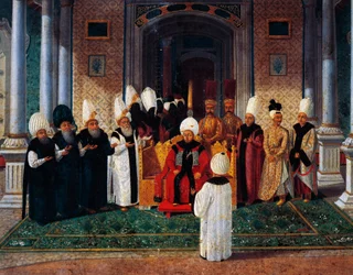 Selim III (1761-1808) a receber dignitários sob o dossel da Porta da Felicidade em Topkapi, pormenor da cerimónia de subida ao trono do Sultão Suleyman III, c.1789 (óleo sobre tela)