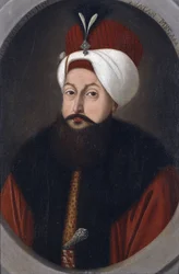 Sultão Selim III (1761-1808) - Peinture de Konstantin Kapidagli (ativo 1789-1806), c. 1800 - Óleo sobre papelão, 37x26 - Coleção Privada
