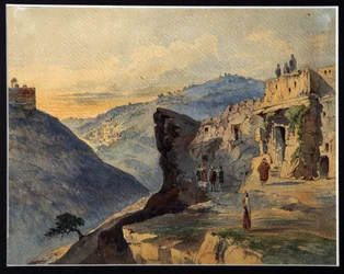 O Vale de Josaphat, o Monte das Oliveiras, Aldeia de Siloam. Descrição de lugares perto de Jerusalém (Israel), mencionados na Bíblia. O Vale de Jehoshaphat é uma porção do Vale de Cedro