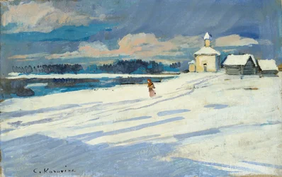Paisagem de inverno com uma pequena igreja, início do século XX