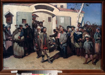 De volta à liberdade. (Libertação dos prisioneiros de uma penitenciária, seus olhos estão fixos no céu e uma multidão emocionada os espera). Pintura de Konstantin Petrovich Pyneev (1868-1922), óleo sobre tela. arte russa