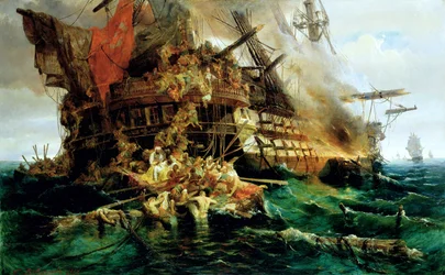 Um navio de guerra turco em chamas
